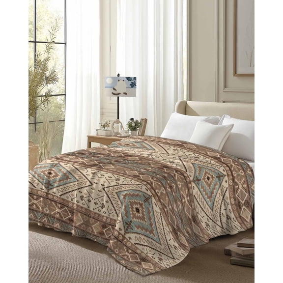 Throw Blanket Fleece Throw Blanket 50x80in, Southwest Ethnic Retro Brown Soft Lightweight Bed Blankets Abstract Boho Geometric Fuzzy Couch Blankets for All Season