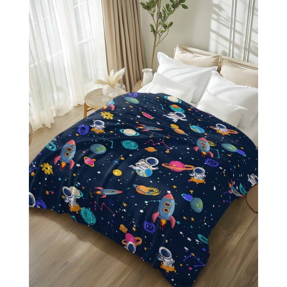 Throw Blanket Fleece Throw Blanket 50x80in, Space Planet Cartoon Rocket Soft Lightweight Bed Blankets Stars and Moon on Black Fuzzy Couch Blankets for All Season