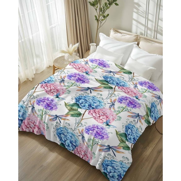 Throw Blanket Fleece Throw Blanket 50x80in, Spring Blue Pink Floral Dragonfly Soft Lightweight Bed Blankets Hydrangea Flower Leaves Watercolor Fuzzy Couch Blankets for All Season