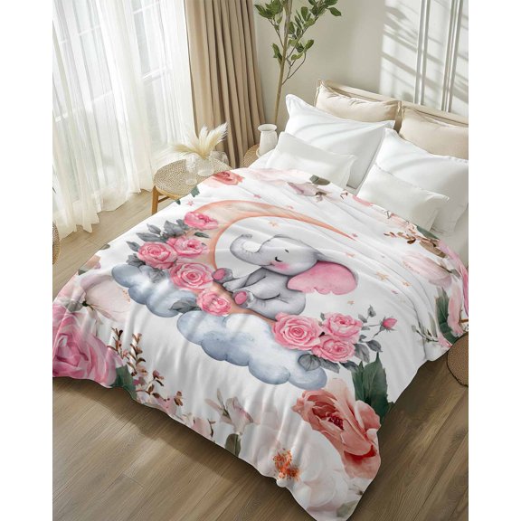 Throw Blanket Fleece Throw Blanket 50x80in, Spring Country Flowers Soft Lightweight Bed Blankets Moon Elephants Stars Clouds Fuzzy Couch Blankets for All Season