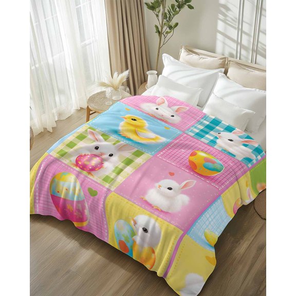 Throw Blanket Fleece Throw Blanket 50x80in, Spring Easter Cute Chick Rabbit Soft Lightweight Bed Blankets Colorful Egg Stitched Grid Fuzzy Couch Blankets for All Season