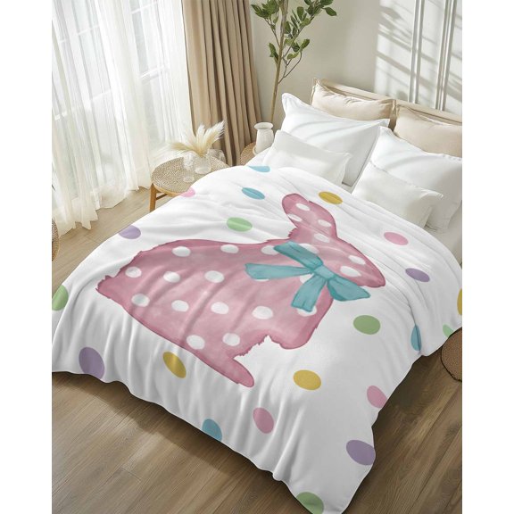 Throw Blanket Fleece Throw Blanket 50x80in, Spring Easter Pink Rabbit on White Soft Lightweight Bed Blankets Colorful Wave Point Fuzzy Couch Blankets for All Season
