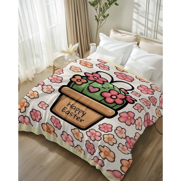 Throw Blanket Fleece Throw Blanket 50x80in, Spring Easter Potted Cactus Floral Soft Lightweight Bed Blankets Farm Pink Flower on Linen Fuzzy Couch Blankets for All Season