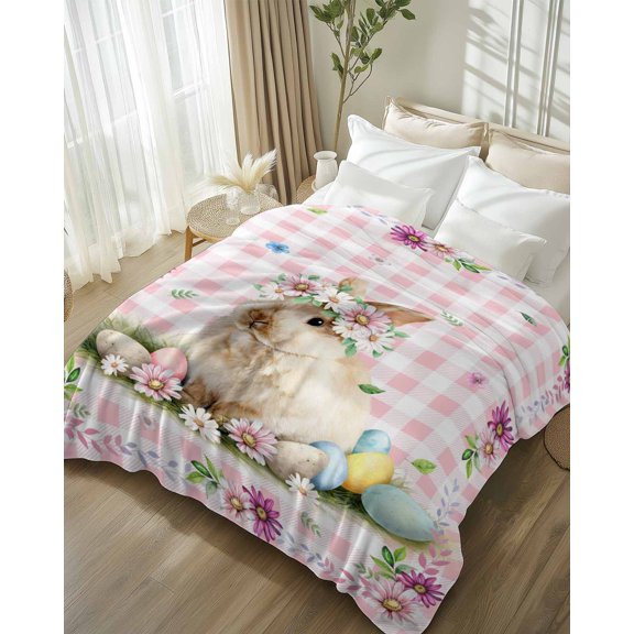 Throw Blanket Fleece Throw Blanket 50x80in, Spring Easter Rabbit Colorful Eggs Soft Lightweight Bed Blankets Flower on Pink Buffalo Fuzzy Couch Blankets for All Season