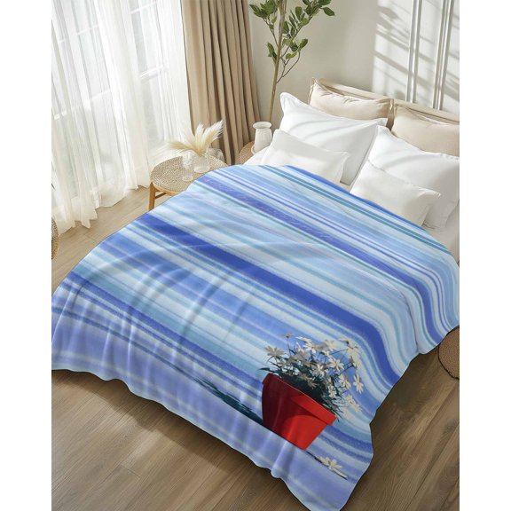 Throw Blanket Fleece Throw Blanket 50x80in, Spring Flower Daisy Red Potatoes Soft Lightweight Bed Blankets Gradient Blue Stripes Fuzzy Couch Blankets for All Season