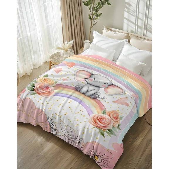 Throw Blanket Fleece Throw Blanket 50x80in, Spring Flower Elephant Rainbow Soft Lightweight Bed Blankets Blossom Floral Animal Fuzzy Couch Blankets for All Season