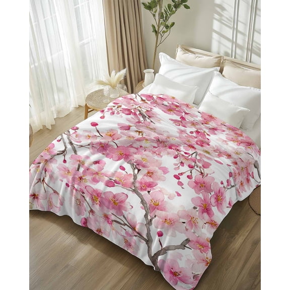 Throw Blanket Fleece Throw Blanket 50x80in, Spring Pink Blossom Peach Soft Lightweight Bed Blankets Watercolor Flower Tree Branch Fuzzy Couch Blankets for All Season