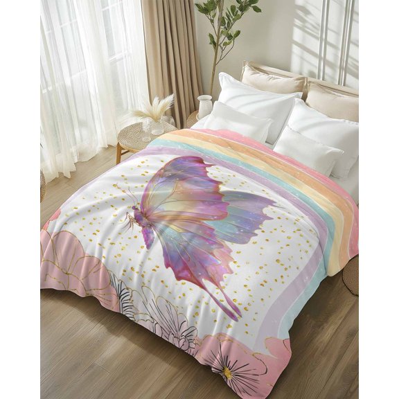 Throw Blanket Fleece Throw Blanket 50x80in, Spring Pink Flower Butterfly Soft Lightweight Bed Blankets Blossom Floral Rainbow Stripe Fuzzy Couch Blankets for All Season