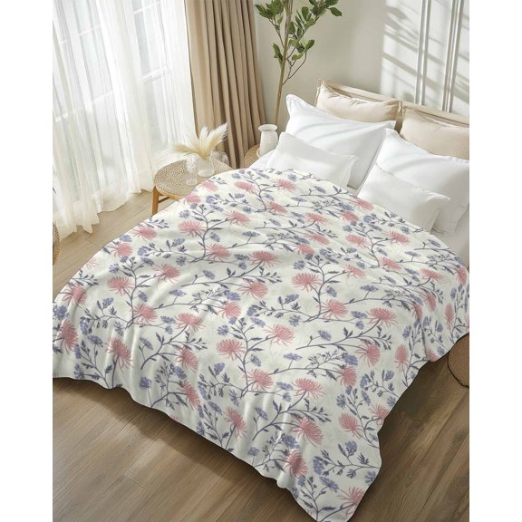 Throw Blanket Fleece Throw Blanket 50x80in, Spring Pink Flower Leaves Soft Lightweight Bed Blankets Field Dandelion Floral Seamless Fuzzy Couch Blankets for All Season