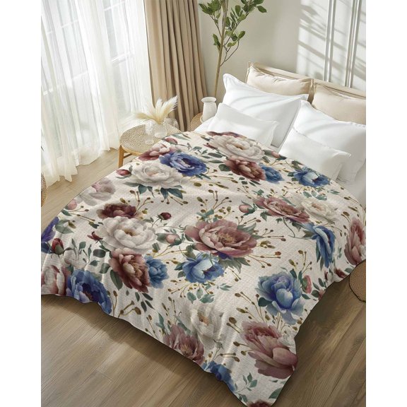 Throw Blanket Fleece Throw Blanket 50x80in, Spring Summer Blossom Flower Soft Lightweight Bed Blankets Retro Blue White Red Floral Fuzzy Couch Blankets for All Season