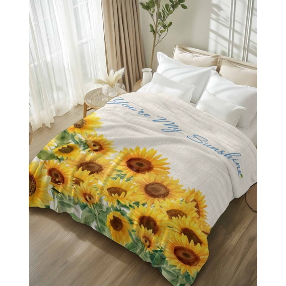 Throw Blanket Fleece Throw Blanket 50x80in, Spring Yellow Sunflower Retro Linen Soft Lightweight Bed Blankets You're My Sunshine Text Fuzzy Couch Blankets for All Season