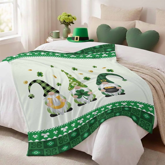 Throw Blanket Fleece Throw Blanket 50x80in, St. Patrick's Day Cute Lucky Gnome Soft Lightweight Bed Blankets Spring Green Clovers Check Fuzzy Couch Blankets for All Season