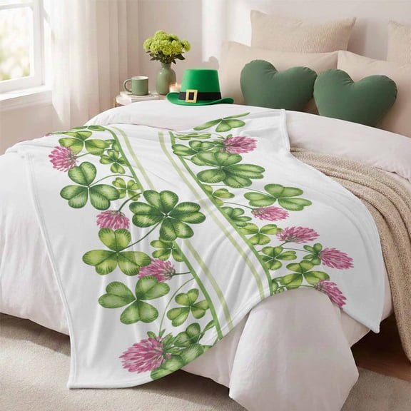 Throw Blanket Fleece Throw Blanket 50x80in, St. Patrick's Day Spring Floral Clovers Soft Lightweight Bed Blankets Watercolor Green on White Fuzzy Couch Blankets for All Season