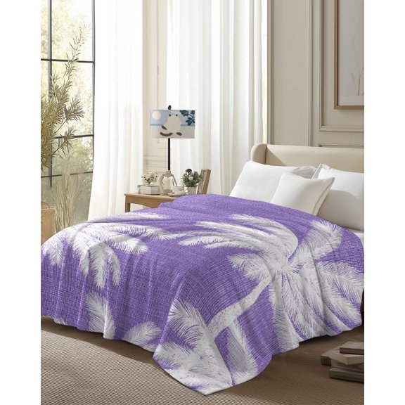 Throw Blanket Fleece Throw Blanket 50x80in, Summer Coastal Coconut Trees Soft Lightweight Bed Blankets Tropical Plant Purple Burlap Fuzzy Couch Blankets for All Season