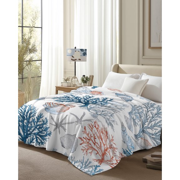 Throw Blanket Fleece Throw Blanket 50x80in, Summer Colorful Shell Corals on White Soft Lightweight Bed Blankets Underwater World Fuzzy Couch Blankets for All Season