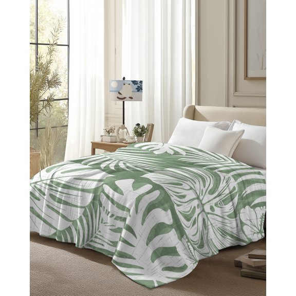 Throw Blanket Fleece Throw Blanket 50x80in, Summer Monstera Palm Leaf Flower Soft Lightweight Bed Blankets Tropical Plant on Sage Green Fuzzy Couch Blankets for All Season