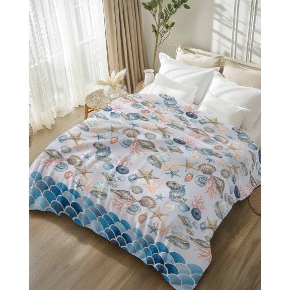 Throw Blanket Fleece Throw Blanket 50x80in, Summer Ocean Starfish Coral Soft Lightweight Bed Blankets Gradient Blue Fish Scale Fuzzy Couch Blankets for All Season