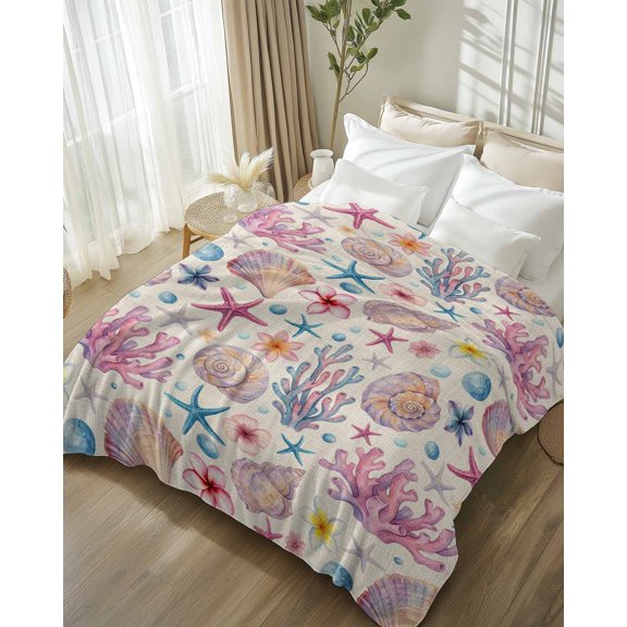 Throw Blanket Fleece Throw Blanket 50x80in, Summer Pink Coral Shell Conch Soft Lightweight Bed Blankets Ocean Starfish Retro Linen Fuzzy Couch Blankets for All Season
