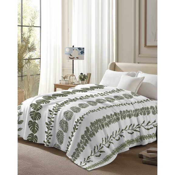 Throw Blanket Fleece Throw Blanket 50x80in, Summer Tropical Leaf Seamless Soft Lightweight Bed Blankets Farmhouse Green Leaves Plant Fuzzy Couch Blankets for All Season
