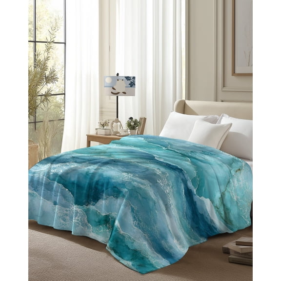 Throw Blanket Fleece Throw Blanket 50x80in, Summer Turquoise Ocean Wave Soft Lightweight Bed Blankets Modern Gradient Water Ripple Fuzzy Couch Blankets for All Season