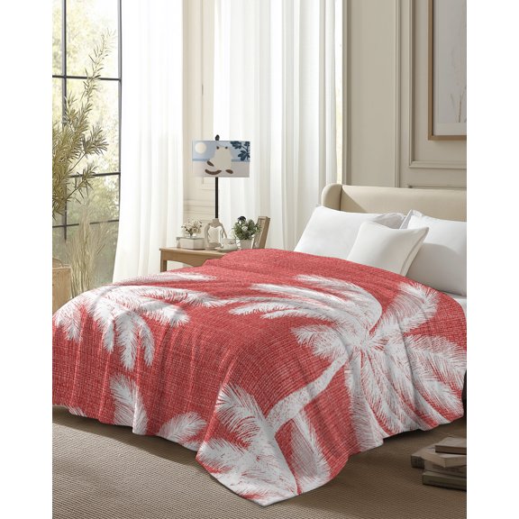 Throw Blanket Fleece Throw Blanket 50x80in, Tropical Trees Coral Red Burlap Soft Lightweight Bed Blankets Summer Coconut Tree Silhouette Fuzzy Couch Blankets for All Season