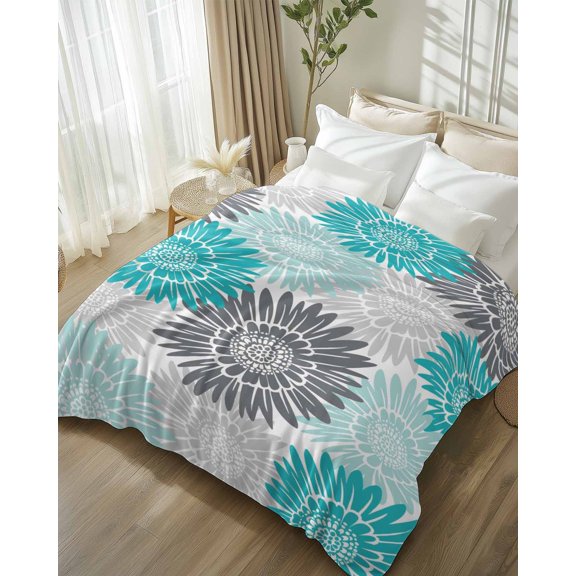 Throw Blanket Fleece Throw Blanket 50x80in, Turquoise Gray Blossom Flower Soft Lightweight Bed Blankets Watercolor Sunflower Fuzzy Couch Blankets for All Season