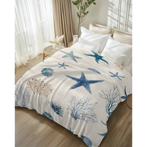 Throw Blanket Fleece Throw Blanket 50x80in, Vintage Summer Sea Stars Corals Soft Lightweight Bed Blankets Blue Shells on Linen Fuzzy Couch Blankets for All Season