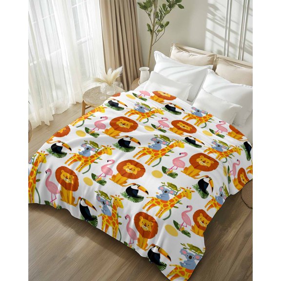 Throw Blanket Fleece Throw Blanket 50x80in, Watercolor Animal Lion Giraffe Soft Lightweight Bed Blankets Cartoon Koala Flamingo Bird Fuzzy Couch Blankets for All Season