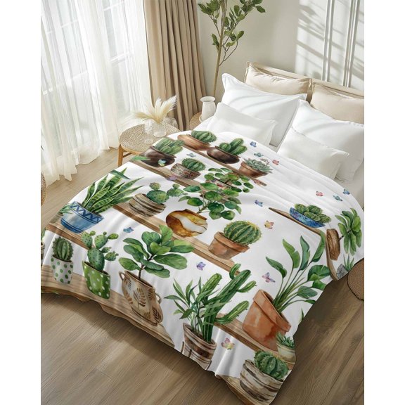 Throw Blanket Fleece Throw Blanket 50x80in, Watercolor Cactus Potted Plant Soft Lightweight Bed Blankets Botanical Leaves Butterfly Fuzzy Couch Blankets for All Season