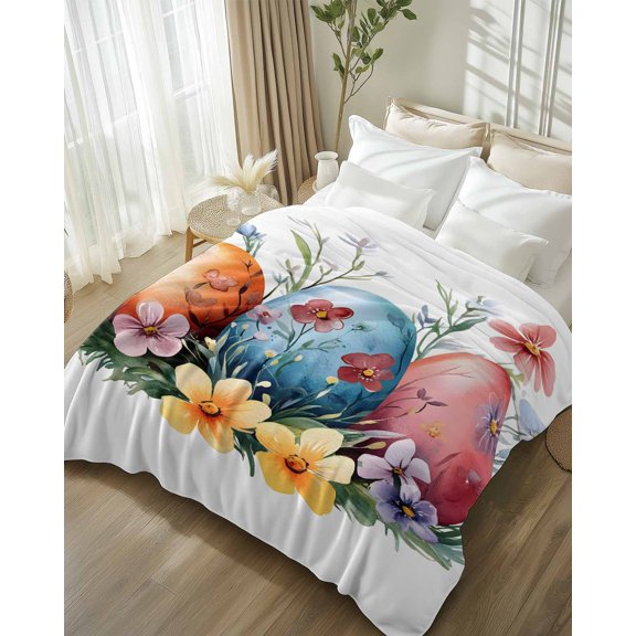 Throw Blanket Fleece Throw Blanket 50x80in, Watercolor Easter Colorful Egg on White Soft Lightweight Bed Blankets Spring Flower Fuzzy Couch Blankets for All Season