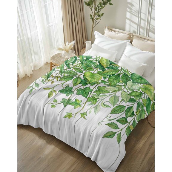 Throw Blanket Fleece Throw Blanket 50x80in, Watercolor Green Leaves Farm Wood Soft Lightweight Bed Blankets Farm Ivy Pothos Plant Fuzzy Couch Blankets for All Season