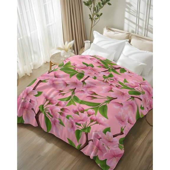 Throw Blanket Fleece Throw Blanket 50x80in, Watercolor Pink Flowers Peaches Soft Lightweight Bed Blankets Spring Tree Branches Fuzzy Couch Blankets for All Season