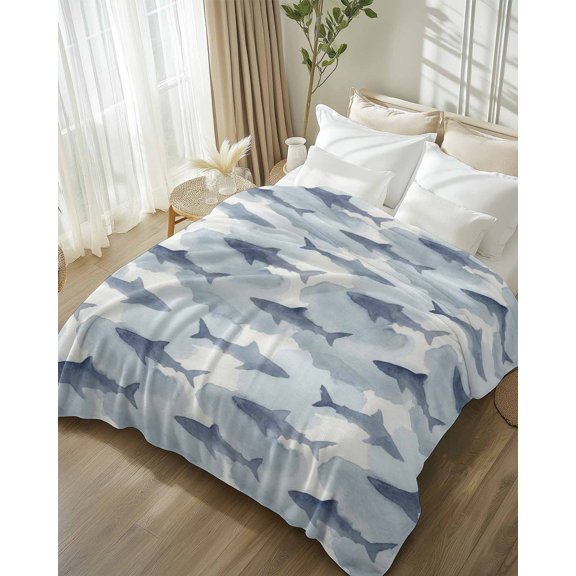 Throw Blanket Fleece Throw Blanket 50x80in, Watercolors Blue Sharks on Vintage Soft Lightweight Bed Blankets Ocean Animal Fuzzy Couch Blankets for All Season