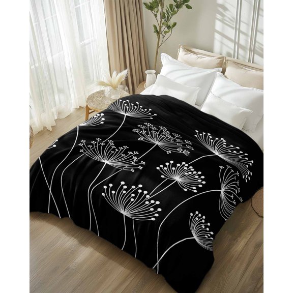 Throw Blanket Fleece Throw Blanket 50x80in, White Dandelion Spring Wildflower Soft Lightweight Bed Blankets Modern Minimalist Black Fuzzy Couch Blankets for All Season