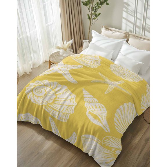 Throw Blanket Fleece Throw Blanket 50x80in, Yellow Ocean Starfish Shells Soft Lightweight Bed Blankets Abstract Conches Corals Fuzzy Couch Blankets for All Season