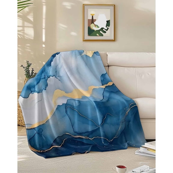 Throw Blanket Fleece Throw Blanket 60x80in, Blue Gradient Marble Water Ripple Soft Lightweight Bed Blankets Abstract Ombre Fuzzy Couch Blankets for All Season