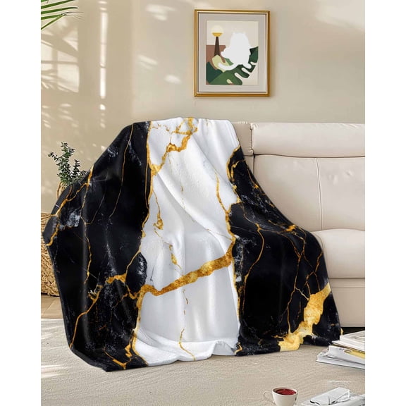 Throw Blanket Fleece Throw Blanket 60x80in, Retro Black Gold Marble Texture Soft Lightweight Bed Blankets Abstract Cracks Art Fuzzy Couch Blankets for All Season