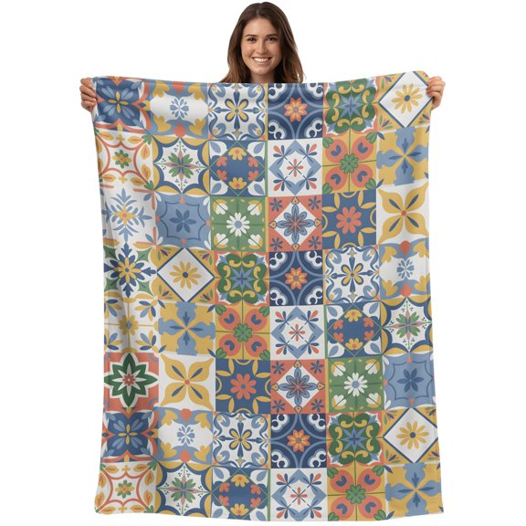 Throw Blanket Floral Geometric Blankets and Throws, Vintage Color Flower Ceramic Brick Blanket for Couch Bed Sofa Chair, Soft Cozy Warm Flannel Fleece Blankets for All Season Home Decor 40x50 Inch
