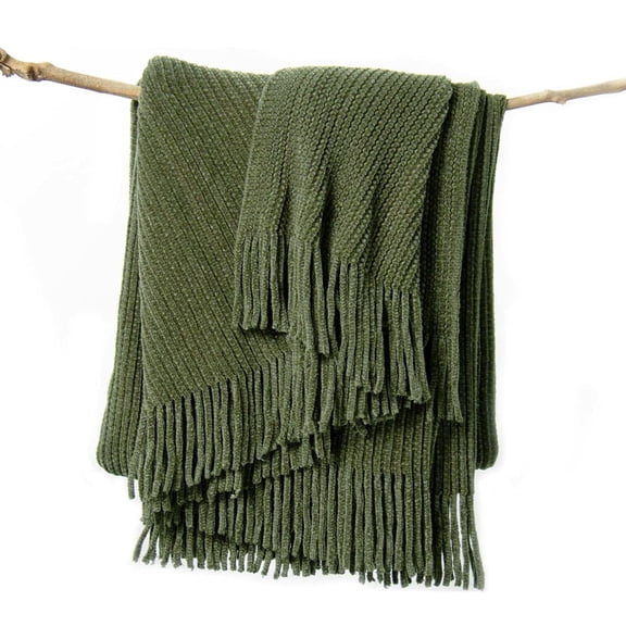 Throw Blanket For Couch Soft Green Boho Decor Bed Cozy Knitted Chenille Farmhouse Lightweight Throw(olive 50 * 60")
