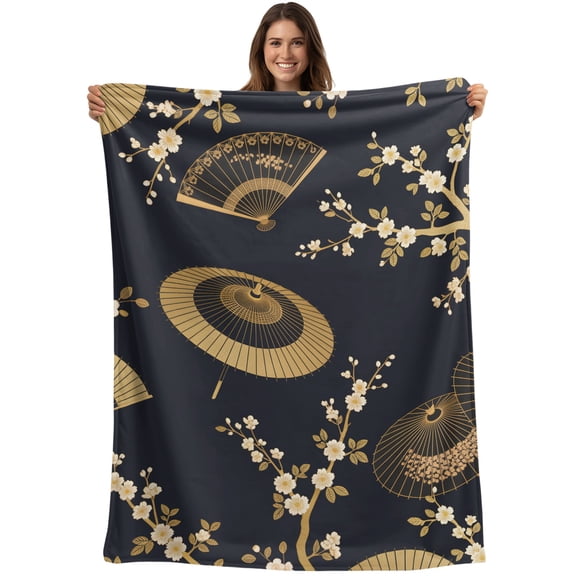 Throw Blanket Golden Paper Fan Blankets and Throws, Cherry Blossom Japanese Style Black Blanket for Couch Bed Sofa Chair, Soft Cozy Warm Flannel Fleece Blankets for All Season Home Decor 50x60 Inch