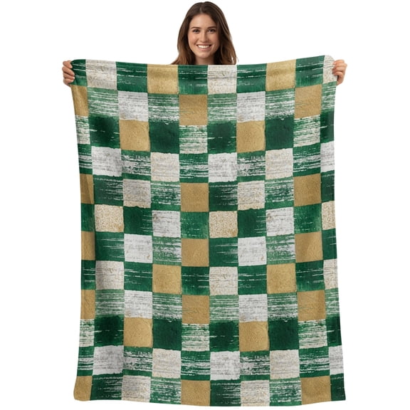 Throw Blanket Green Gold Squares Block Blankets and Throws, Geometric Checkerboard Blanket for Couch Bed Sofa Chair, Soft Cozy Warm Flannel Fleece Blankets for All Season Home Decor 50x60 Inch