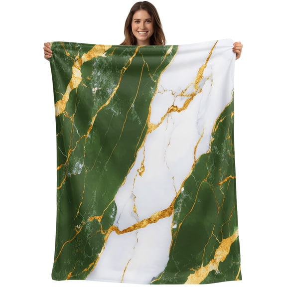 Throw Blanket Green White Marble Blankets and Throws, Gold Abstract Art Blanket for Couch Bed Sofa Chair, Soft Cozy Warm Flannel Fleece Blankets for All Season Home Decor 40x50 Inch
