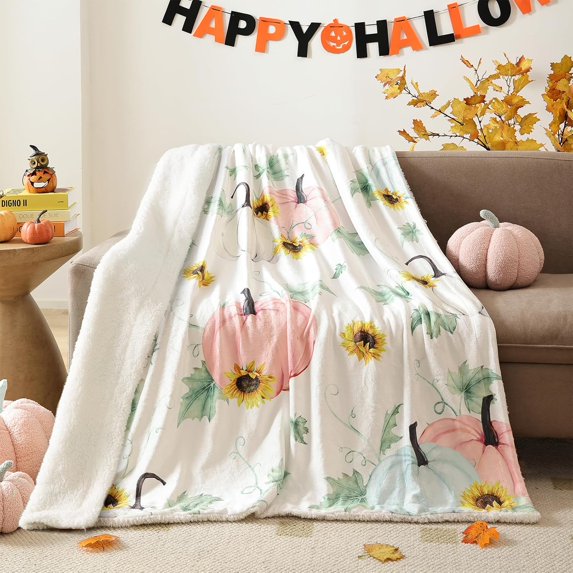 Throw Blanket Halloween Fleece Blanket with Colorful Pumpkins, Sunflowers Pattern Thanksgiving Fall Blanket for Couch Autumn Soft Blanket for Bed, 50x60 Inches