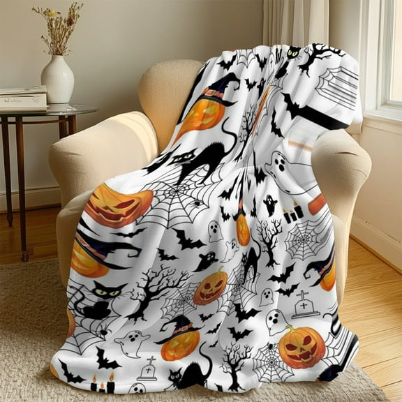 Throw Blanket Halloween Pumpkin, Soft and Lightweight Flannel Blankets, Warm Cozy All Seasons Fleece Blankets for Sofa Bed 100*130 (Spider Webs Black Bats