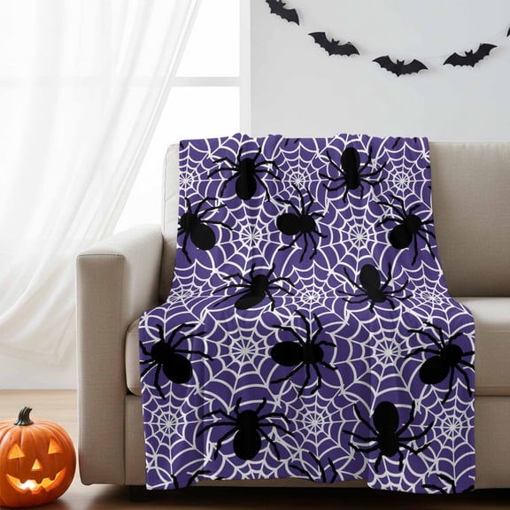 Throw Blanket Halloween Spiders on Purple,Warm Soft Lightweight Flannel Fleece Blankets White Spiderweb Texture,Microfiber Throws for Bed Sofa Couch Camping All Seasons Use 30x40In