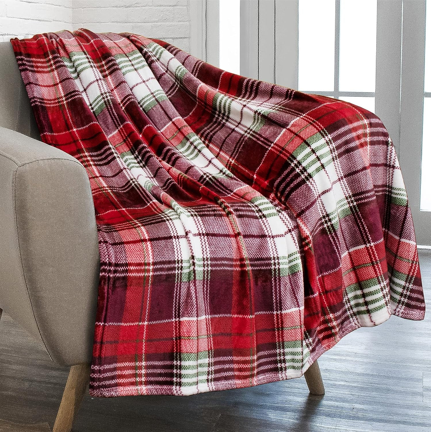 Holiday Plaid Red Fleece Christmas Throw Blanket