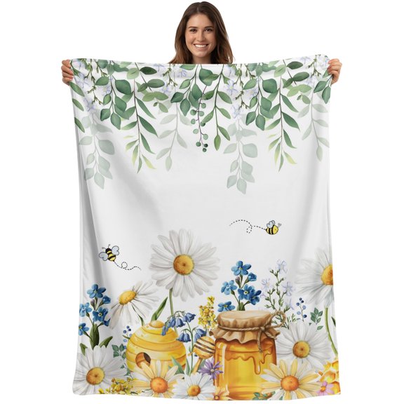 Throw Blanket Honey Bees Blankets and Throws, Dairy Floral Green Leaves Blanket for Couch Bed Sofa Chair, Soft Cozy Warm Flannel Fleece Blankets for All Season Home Decor 40x50 Inch