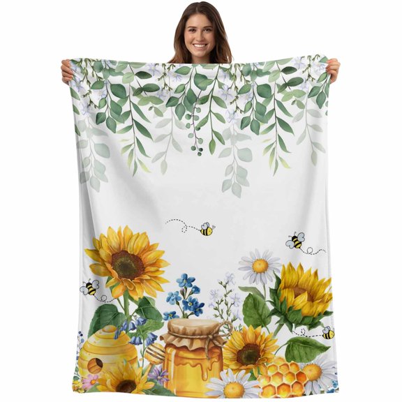 Throw Blanket Honey Bees Blankets and Throws, Dairy Sunflower Green Leaves Blanket for Couch Bed Sofa Chair, Soft Cozy Warm Flannel Fleece Blankets for All Season Home Decor 50x60 Inch