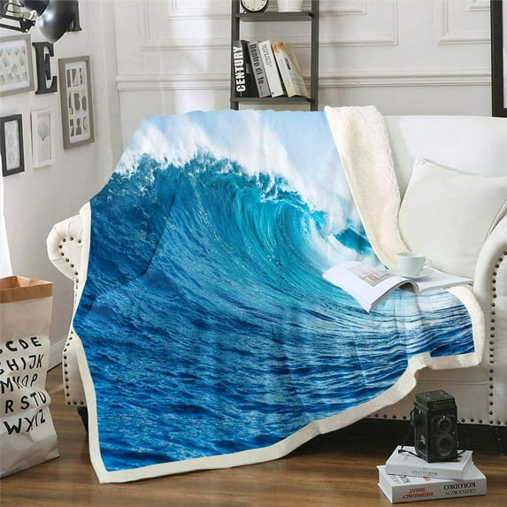 Throw Blanket for Kids Adults Women Men Ocean Wave Sherpa Blanket for Bed Couch Hawaiian Tropical Wave Surfing Fleece Blanket Blue Sea Summer Plush Blanket Soft Fuzzy BlanketTwin 60"x80"