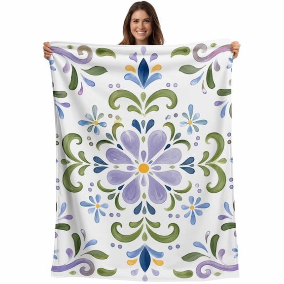 Throw Blanket Lavender Floral Vines Blankets and Throws, Mediterranean Aesthetic Baroque Blanket for Couch Bed Sofa Chair, Soft Cozy Warm Flannel Fleece Blankets for All Season Home Decor 30x40 Inch